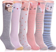 6 Pairs Girls Knee High Socks Kids Fun Gift Cute Animal Patterns Cotton Socks