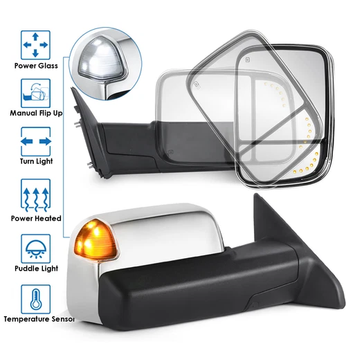 Pair Chrome Power Heated Tow Mirrors w/ TEMP Sensor For 09-18 Ram 1500/2500/3500