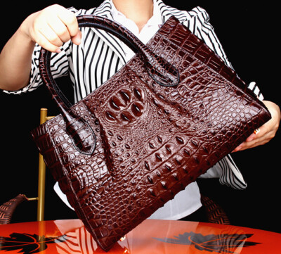 Real Cowhide Leather Women Large Tote Handbags, Crocodile Pattern Shoulder Bag