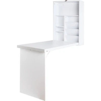 New Foldable Wall Computer Desk With Bookcase In White Desks