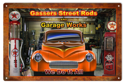 Vintage Style Metal Sign Gassers Street Rods Repair Shop Hot Rod 12 X18 ...