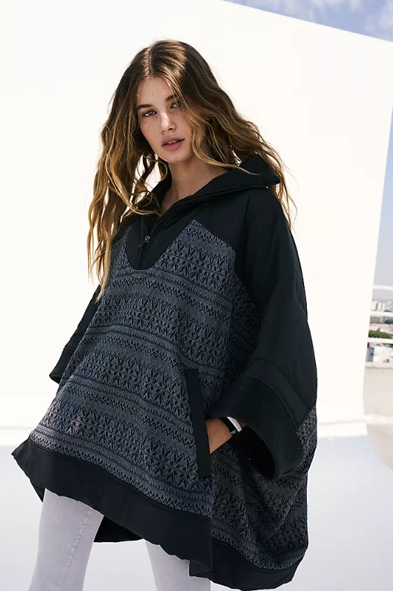 FREE PEOPLE Movement Heritage Poncho Black/Grey SMALL RRP$228