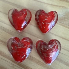 4 RED GOLD SAND HEART 3D Puffy 28mm  LAMPWORK GLASS -jewelry beads