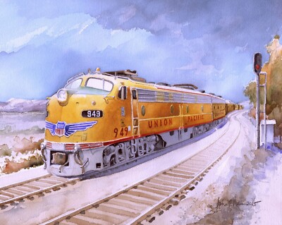 Yellow Union Pacific Streamliner, Western Landscape. James Mann Train Art Prints