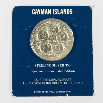 1975 $50 DOLLARS CAYMAN ISLANDS, 5 SOVEREIGN QUEENS OF ENGLAND .925 SILVER COIN
