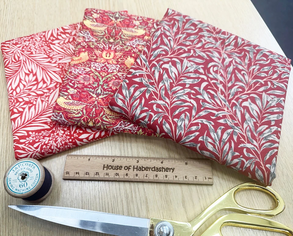 FAT QUARTER FABRIC BUNDLE - William Morris Crimson Red Floral Bird Print Fabric - Image 2 of 3
