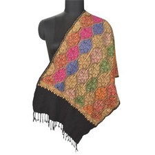 Sanskriti Vintage Black Pure Woolen Handmade Ari Work Shawl Long Throw Stole