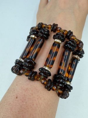 Vintage Bracelet Miriam Haskell Tigers Stripe Glass Brown Cuff Expanding PJ