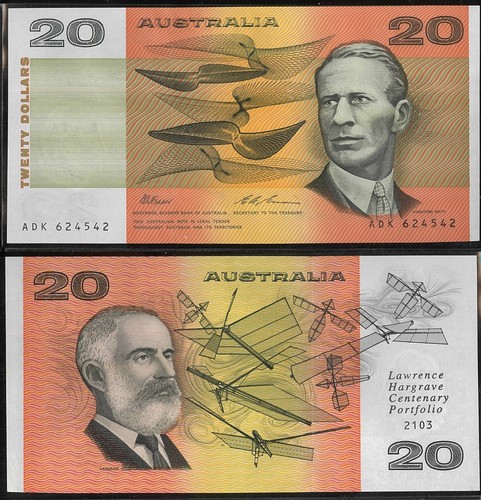 1994 Australia Mint Last Prefix $20 ADK624542 Hargrave 2103 Black Overprint Note