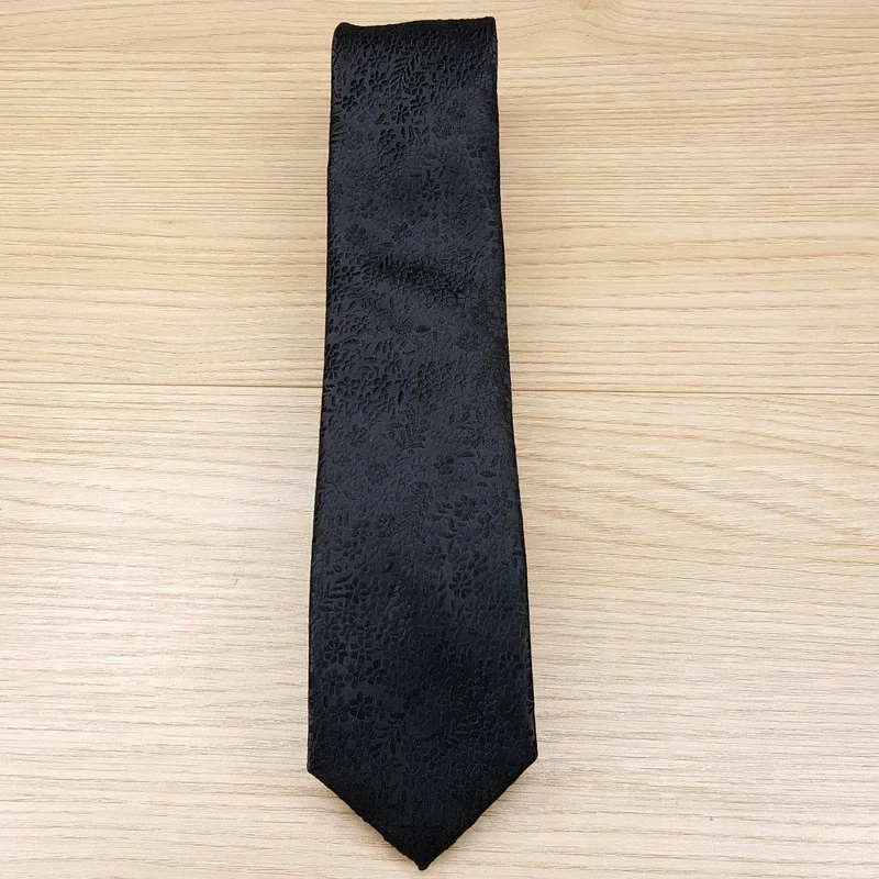 BAR III Mens Neck Tie Solid Black Floral Jacquard Skinny Textured Silk Blend - Image 2 of 4