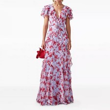 Women V Neck Floral Print Falbala Chiffon Layered Short Ruffle Sleeve Long Dress