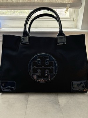 Tory Burch Ella Small Tote Navy Blue Nylon Patent Leather Logo Handbag Purse
