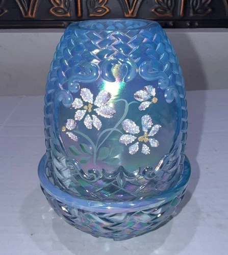 Fenton Fairy Lamp Blue Basketweave with Floral Frit painted by Sharon Fisher 5”
