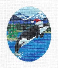 SP.ORDER  Orca Whale in a Santa Hat Oval 18m Needlepoint Canvas by Scott Church
