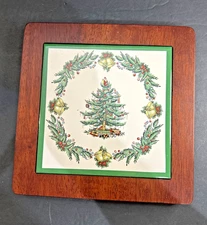 Spode "Christmas Tree" Square Ceramic With Wood Frame Trivet 8x8 Vintage