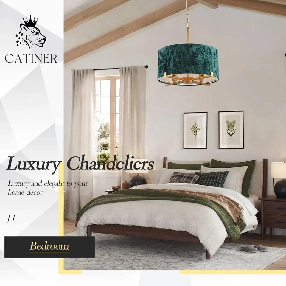 "Colgante de araña de tambor de 4 luces vintage dorado y verde esmeralda colgante redondo de 18""... Foto 4 de 4