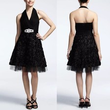 David's Bridal Cachet Halter Cocktail Dress US 6 Black Sliver Floral Lace Tulle