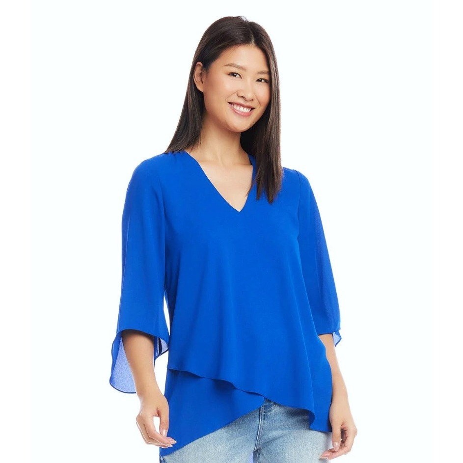 Karen Kane Women Blue Crepe Bracelet Sleeve Asymmetric Layered Blouse Size XS