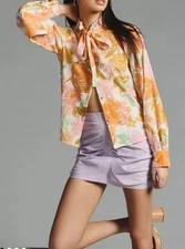 Anthropologie Mille Neck-Tie Floral Blouse Long Sleeve Cotton Size Large