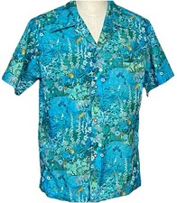 Vintage 60s Andrade Honolulu Blue Floral Polyester Hawaiian Aloha Shirt Large