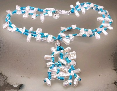 Vtg DTR Jay King Sterling Silver Turquoise Keshi Pearl Bead Necklace 19''