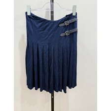 Ralph Lauren - Navy Pleated Skirt with Leather Buckle Closure - XS