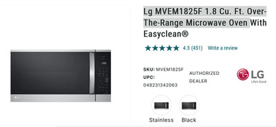 mounting brackets for LG over the range microwave m/n MVEM1825F /00