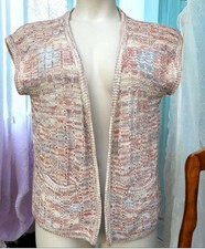 Vtg 1970s TRISSI Open Sweater Vest Peach Pink Cream Cotton Cap Sleeves boho