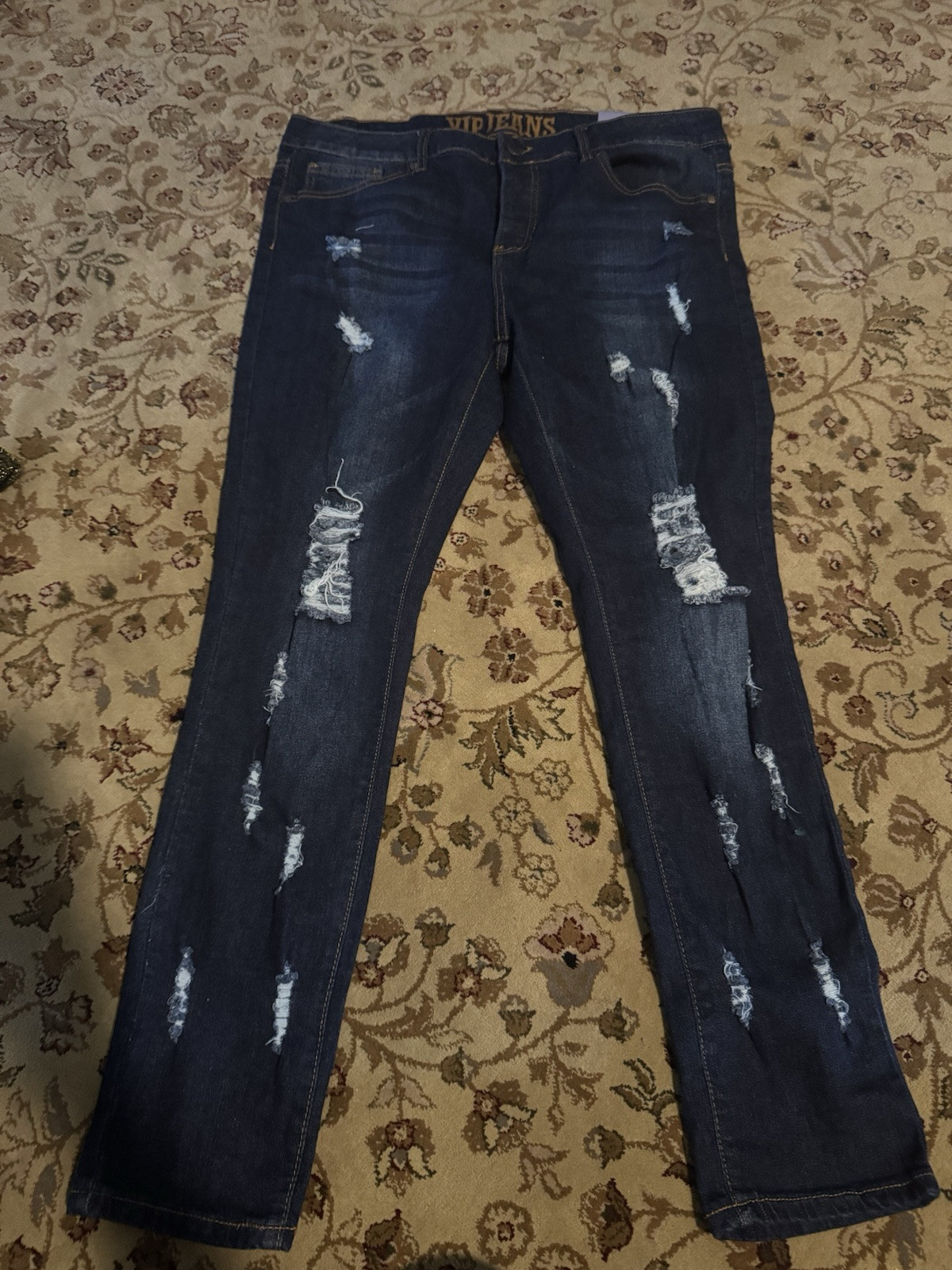 VIP Jeans Womens 15/16 Blue Skinny Leg Stretch Distressed Destroyed Dark Wash