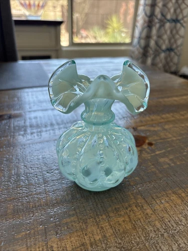 Vintage Fenton Blue Opalescent Melon Beaded Vase Signed George W. Fenton 4.25"