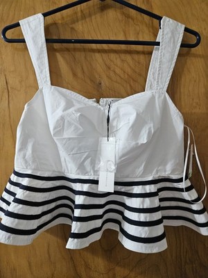 MABLE Women's White/Navy Striped Sweetheart Cropped Tank Top Zip Back Size S