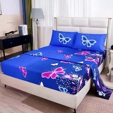 4PCS Bedding Sheets Set Size Blue Vivid Butterflies Pattern Twin Butterfly