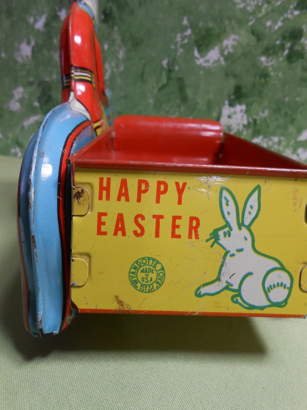 Wyandotte Easter Bunny Delivery Tin Motorcycle Sidecar Toy