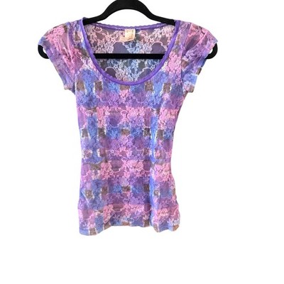 Rue21 Y2k Purple Pink Floral Lace Sheer Tie Dye Cap Sleeve Top Small Y2K