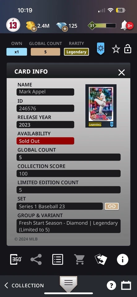 Topps Bunt 2024 Serie 1 Béisbol 23 Diamante Marca Appel Legendario/5 DIGITAL Foto 2 de 2