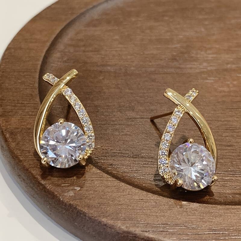 Stud Earrings - Gold Coloured Cross Design Jewellery Embelished With Rhinestones-image