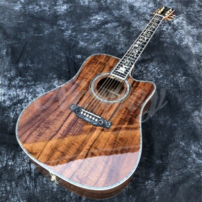 All Koa Wood 41'' D Type Cutaway Acoustic Guitar Abalone Tree of Life Ebony