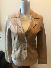 Tahari Beige Leather Coat Jacket Size Xs Long Sleeves Fitted 