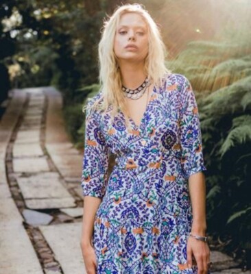 Arnhem dress Sz 8 Blue wrap Moroccan Flora Sapphire Viscose Bohemian Boho Summer