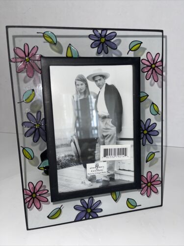 Glass Picture Frame Hand-painted Flowers Holds 4x6" Photo Easel Back Freestand