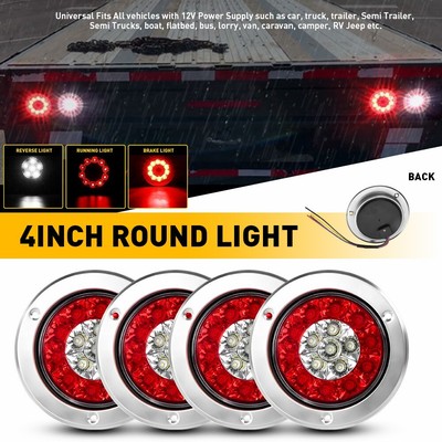 4X 4inch Red+White Round 16-LED Truck Trailer Stop Turn Signal Tail Brake Lights