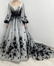 Gothic Wedding Dresses Long Sleeve V-Neck Black Lace Applique A-line Bridal Gown