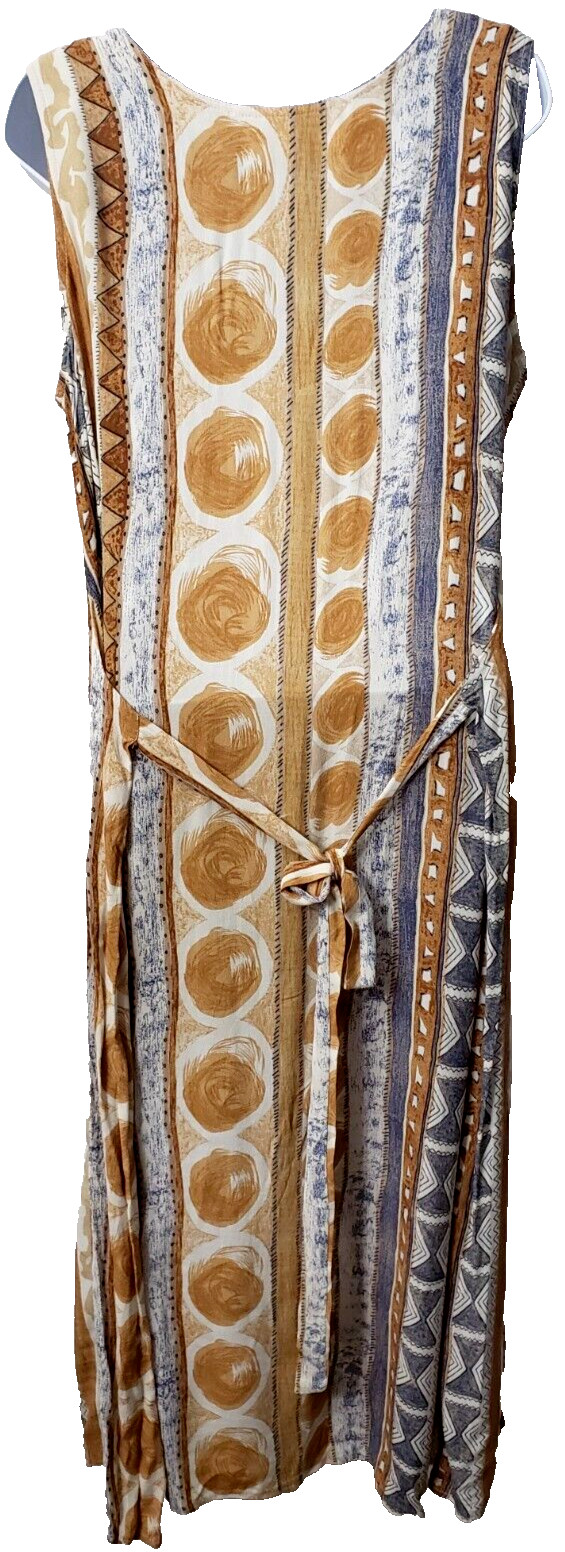 Vintage Tribal Maxi Dress M Artsy Jumper Tan Blue Button Front Hippie Boho 90s image 2