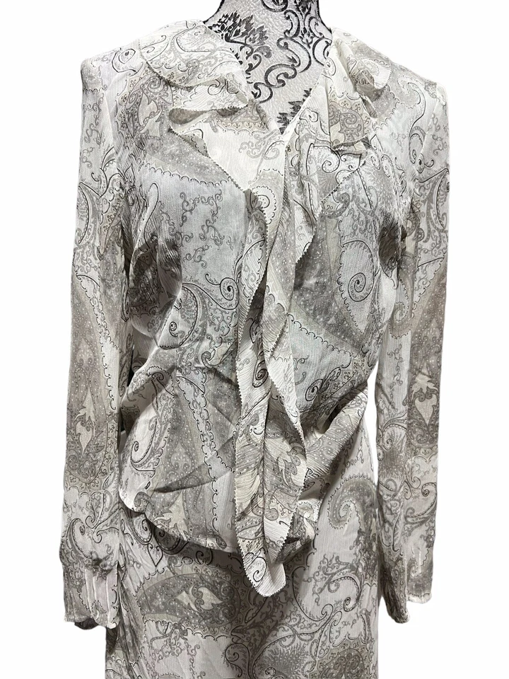 Blusa Falda Emanuel Ungaro 100% Seda Volantes Talla 6 Talla 10 Gris Estampado Paisley Foto 3 de 4