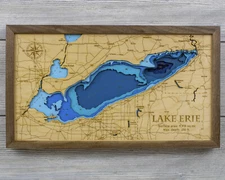 Multilayered Lake Erie Wood Map | Laser Engraved | Hardwood Framed Wall Art