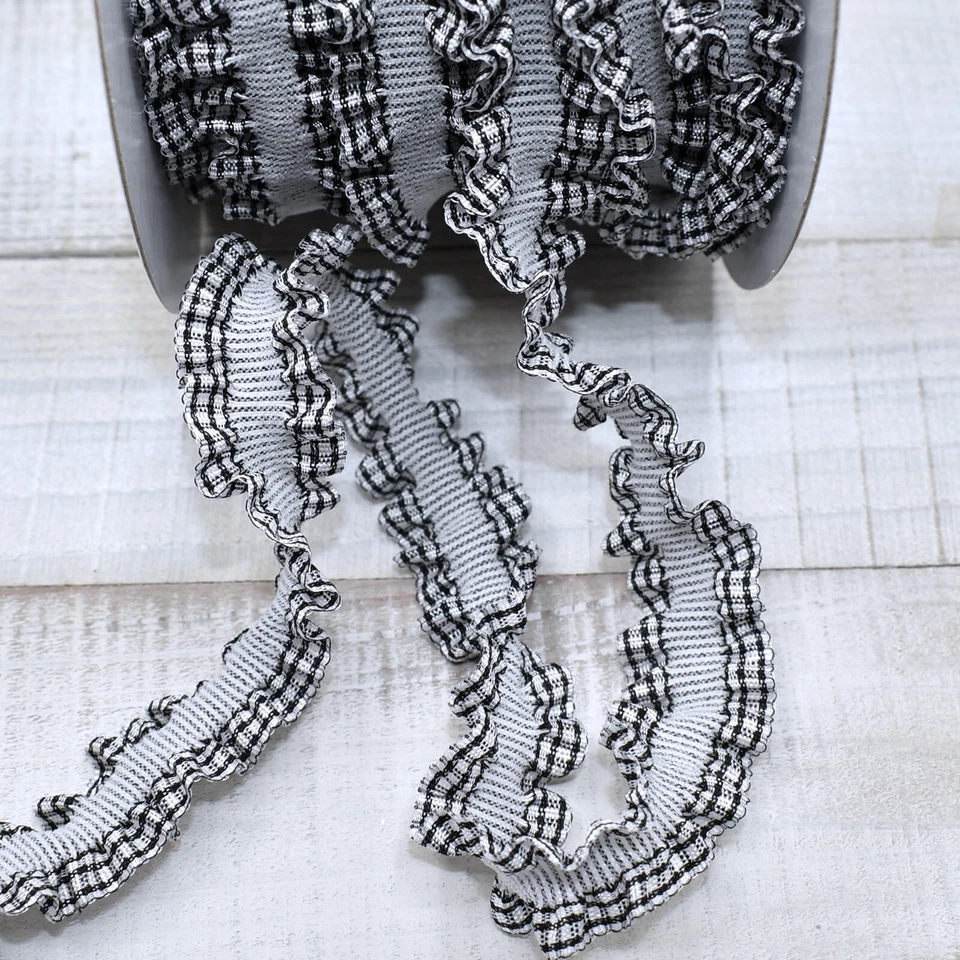 Black White Striped Gingham Double Ruffle Elastic Ribbon - 5/8" Wide x 10 Yards - Image 1 of 1