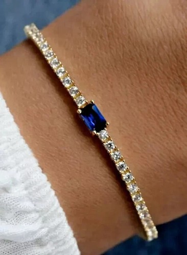 8 Ct Baguette Simulated Blue Sapphire 925 Yellow Sterling Silver Tennis Bracelet - Picture 3 of 5