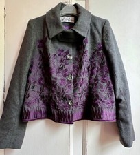 JOHN GALLANO Medium Jacket French Grey Wool Blend Purple Floral Embroidered