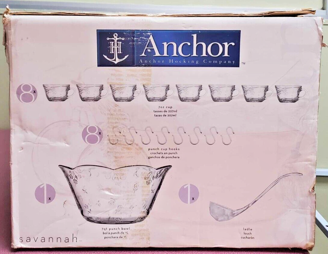 Vintage Anchor Hocking 7 Quart Punch Bowl Set Savannah 18 PC