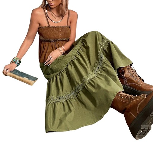 Green Pleated Skirts Holiday Boho High Waist Long Skirts Retro Lace Trim Clothes - 第 2/18 張圖片